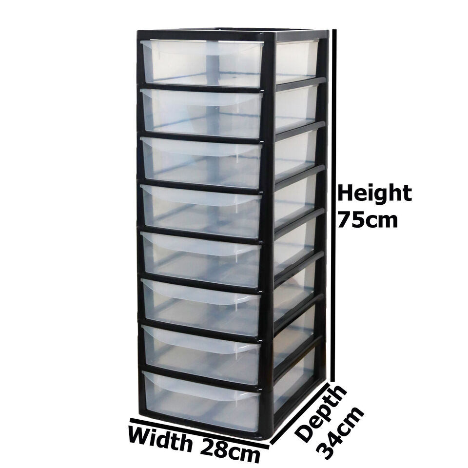8 Drawer Plastic Storage Organizer tower unit | A4 Storage Drawers for Desktop A4 8 Drawers Black/Clear